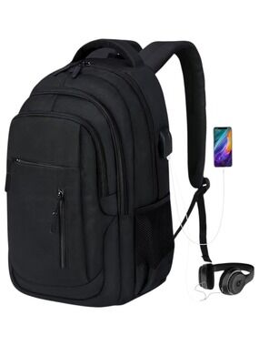 Waterproof Laptop Backpack USB Charging Port Travel School Bag Black